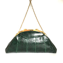 Load image into Gallery viewer, Vintage 70s/80s Large Emerald Green Snakeskin Gilt Clasp Clutch Bag w/ Fold Out Gilt Chain by Melluso, Made in Italy-Vintage Handbag, Exotic Skins-Brand Spanking Vintage