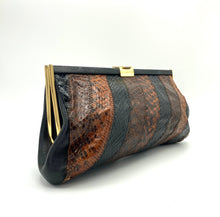 Load image into Gallery viewer, Vintage 70s Snakeskin Clutch Bag In Browns w/ Black Leather By Jane Shilton-Vintage Handbag, Exotic Skins-Brand Spanking Vintage