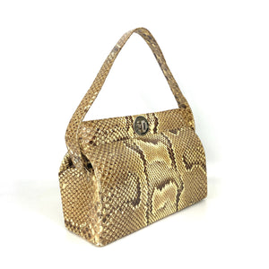 Vintage 40s/50s Boxy Python Skin Top Handle Handbag With Silver Postman's Lock-Vintage Handbag, Exotic Skins-Brand Spanking Vintage