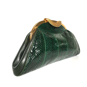 Vintage 70s/80s Large Emerald Green Snakeskin Gilt Clasp Clutch Bag w/ Fold Out Gilt Chain by Melluso, Made in Italy-Vintage Handbag, Exotic Skins-Brand Spanking Vintage