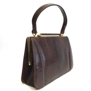 Vintage Marquessa 50s/60s Dark Chocolate Lizard Skin Top Handle Bag Unused-Vintage Handbag, Exotic Skins-Brand Spanking Vintage