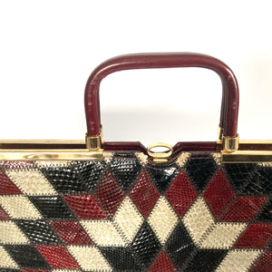 Vintage 70s/80s Ackery Snakeskin And Leather 'Starburst' Design Handbag/Work Bag Burgundy,Black,Grey-Vintage Handbag, Exotic Skins-Brand Spanking Vintage