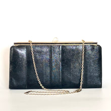 Load image into Gallery viewer, Vintage 70s/80s Clutch Bag In Black Lizard Skin w/ Optional Gilt Chain Made in England-Vintage Handbag, Clutch bags-Brand Spanking Vintage