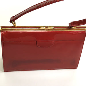 Vintage 50s/60s Lipstick Red Patent Leather Handbag By Holmes Of Norwich w/Defect-Vintage Handbag, Kelly Bag-Brand Spanking Vintage