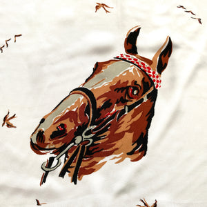 Large Silky 50s Scarf with Horses, Fox Hunting and English Countryside Cottage Scenes-Scarves-Brand Spanking Vintage