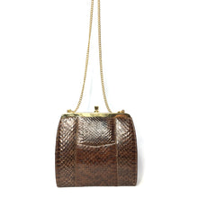 Load image into Gallery viewer, Vintage Coffee Brown Snakeskin Clutch Bag with Fold In Chain Handle and Leather Lining Made in England-Vintage Handbag, Exotic Skins-Brand Spanking Vintage