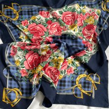 Load image into Gallery viewer, Large Vintage 70s/80s Silk Scarf in Rich Reds/Pinks in Floral/ Roses/Horseshoe Design on Navy/Blue Check Backgound-Scarves-Brand Spanking Vintage