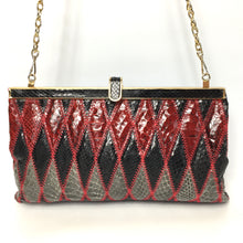 Load image into Gallery viewer, Vintage Harlequin Snakeskin Clutch Chain Bag by Jane Shilton in Red, Grey, Black Made in England-Vintage Handbag, Exotic Skins-Brand Spanking Vintage