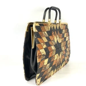 Vintage 70s Snakeskin And Leather 'Starburst' Design Handbag/Work Bag Case Top Handles-Vintage Handbag, Exotic Skins-Brand Spanking Vintage