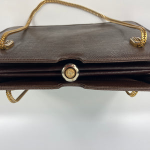 Vintage 80s Rayne Tobacco Brown Leather Faux Lizard Clutch/Chain Bag w/Coin Purse Made in UK-Vintage Handbag, Clutch Bag-Brand Spanking Vintage