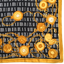Load image into Gallery viewer, Vintage 80s Large Silk Twill Scarf in Pocket Watch and Chain Design in Black/Gold/White Made in Italy-Scarves-Brand Spanking Vintage
