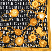 Load image into Gallery viewer, Vintage 80s Large Silk Twill Scarf in Pocket Watch and Chain Design in Black/Gold/White Made in Italy-Scarves-Brand Spanking Vintage