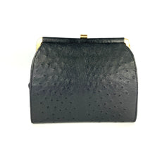 Load image into Gallery viewer, Vintage Dainty Black Genuine Ostrich Skin Clutch Bag w/ Fold Out Gilt/Ostrich Handle and Shoulder Chain Made In England-Vintage Handbag, Exotic Skins-Brand Spanking Vintage