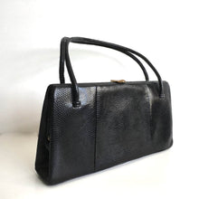 Load image into Gallery viewer, Exquisite Vintage 50s/60s Long Slim Top Handle Bag By Waldybag In Black Lizard Skin w/ Pale Suede Lining-Vintage Handbag, Exotic Skins-Brand Spanking Vintage