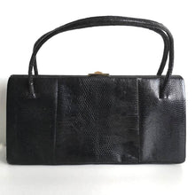 Load image into Gallery viewer, Exquisite Vintage 50s/60s Long Slim Top Handle Bag By Waldybag In Black Lizard Skin w/ Pale Suede Lining-Vintage Handbag, Exotic Skins-Brand Spanking Vintage