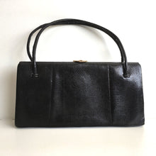 Load image into Gallery viewer, Exquisite Vintage 50s/60s Long Slim Top Handle Bag By Waldybag In Black Lizard Skin w/ Pale Suede Lining-Vintage Handbag, Exotic Skins-Brand Spanking Vintage