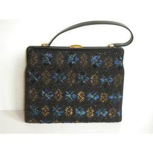 Exquisite Vintage Unused 50s Black Beaded Mrs Maisel Style Handbag, Kelly Bag, Top Handle Bag w/ Matching Coin Purse On Chain-Vintage Handbag, Evening Bag-Brand Spanking Vintage