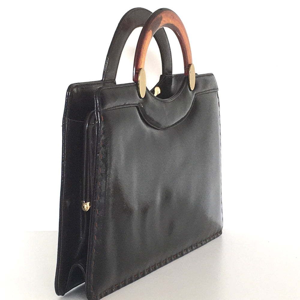 1960's Gucci Black Patent Leather and Bamboo Lunch Box Bag For