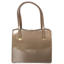 Load image into Gallery viewer, Vintage 50s/60s Handbag In Taupe/ Mushroom Glossy Patent Leather w/ Gilt Bow Detail And A Dainty Gilt Clasp By Widegate-Vintage Handbag, Kelly Bag-Brand Spanking Vintage