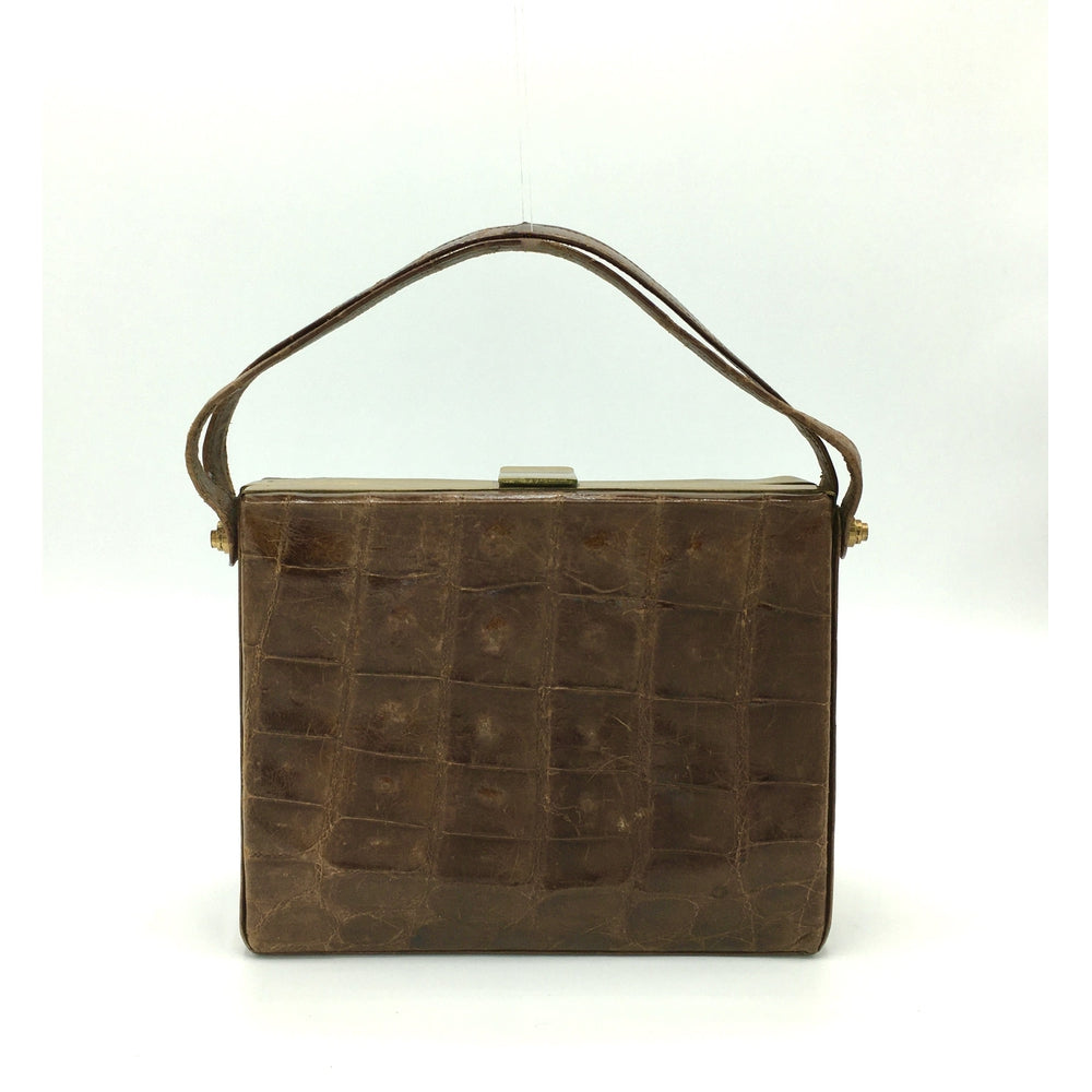 Vintage WOmens Brown Leather Box Handbag Shoulder Bag Small Brown Squa