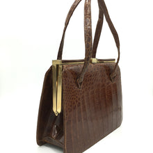 Load image into Gallery viewer, Stunning Vintage 50s Chestnut Caiman Crocodile Skin Handbag w/ Lock And Key From Argentina-Vintage Handbag, Exotic Skins-Brand Spanking Vintage