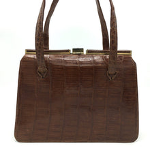 Load image into Gallery viewer, Stunning Vintage 50s Chestnut Caiman Crocodile Skin Handbag w/ Lock And Key From Argentina-Vintage Handbag, Exotic Skins-Brand Spanking Vintage