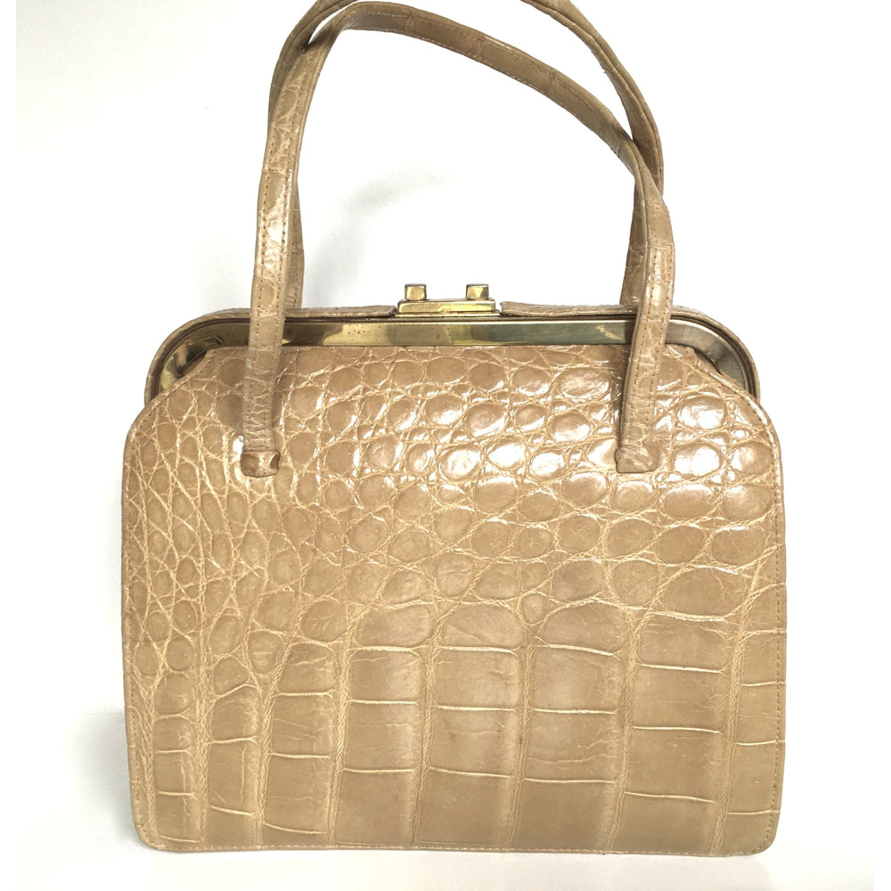 Exquisite Vintage Blond Crocodile Handbag, Small and Dainty 'Speedy' Style Handbag or Top Handle Bag with Gilt Clasp and Leather Lining