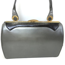 Load image into Gallery viewer, Vintage 50s/60s In Pearlised Grey Leather/Black Patent Leather Bag By Lederer For Russell & Bromley-Vintage Handbag, Kelly Bag-Brand Spanking Vintage