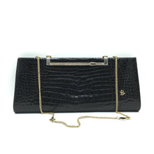 Load image into Gallery viewer, Vintage 60s/70s Large Black Crocodile Skin Clutch/Chain Bag w/ Integral Mirror By Ellebi Made In Italy-Vintage Handbag, Exotic Skins-Brand Spanking Vintage