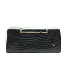 Load image into Gallery viewer, Vintage 60s/70s Large Black Crocodile Skin Clutch/Chain Bag w/ Integral Mirror By Ellebi Made In Italy-Vintage Handbag, Exotic Skins-Brand Spanking Vintage