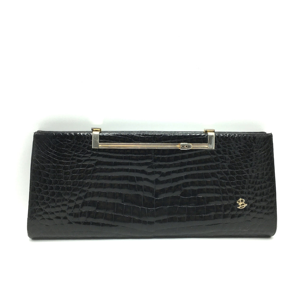 Vintage 60s/70s Large Black Crocodile Skin Clutch/Chain Bag  display picture 3