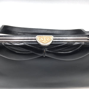Vintage 50s Exquisite Large Black Leather Waldybag Classic Ladylike Bag With Silver Tone Frame And Copper Clasp-Vintage Handbag, Large Handbag-Brand Spanking Vintage