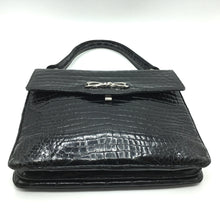 Load image into Gallery viewer, Stunning Vintage 60s Black Crocodile Jackie O Style Bag w/ Silver Tone Clasp And Matching Crocodile Backed Mirror, Made In W Germany-Vintage Handbag, Exotic Skins-Brand Spanking Vintage