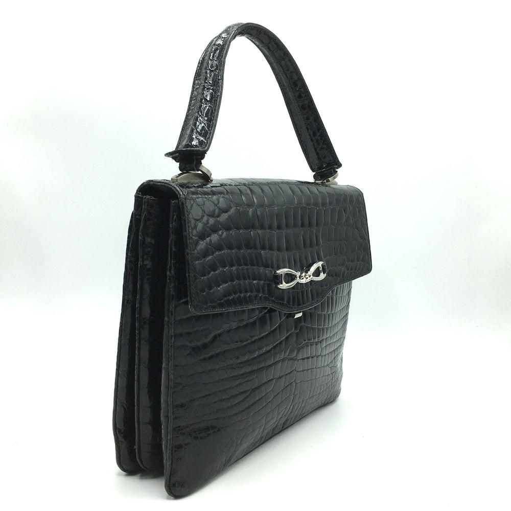 1960 Kelly Style Black Alligator Skin Small Handbag 