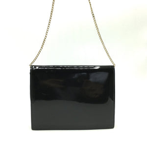Vintage Waldybag Black Patent Leather Day/Evening/Occasion Bag w/ Gilt And Diamante Buckle Motif And Gilt Chain-Vintage Handbag, Evening Bag-Brand Spanking Vintage