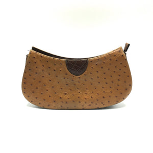Vintage 70s Crescent Shaped Clutch Bag In Ostrich Skin Embossed Leather And Crocodile-Vintage Handbag, Clutch Bag-Brand Spanking Vintage