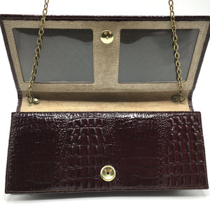 Vintage 70s Burgundy Patent Leather Faux Croc Embossed Clutch Bag w/ Optional Gilt Chain-Vintage Handbag, Clutch Bag-Brand Spanking Vintage