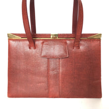Load image into Gallery viewer, Vintage Large Lizard Skin Handbag in Raspberry Red With Tab Pull On Front And Red Suede Lining-Vintage Handbag, Exotic Skins-Brand Spanking Vintage