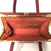 Load image into Gallery viewer, Vintage Large Lizard Skin Handbag in Raspberry Red With Tab Pull On Front And Red Suede Lining-Vintage Handbag, Exotic Skins-Brand Spanking Vintage