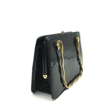 Load image into Gallery viewer, Vintage 60s Black Patent Leather Dainty Little Handbag w/ Short Twisted Gilt Snake Chain Handles Made In England By Wiklorbag-Vintage Handbag, Clutch Bag-Brand Spanking Vintage