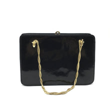 Load image into Gallery viewer, Vintage 60s Black Patent Leather Dainty Little Handbag w/ Short Twisted Gilt Snake Chain Handles Made In England By Wiklorbag-Vintage Handbag, Clutch Bag-Brand Spanking Vintage