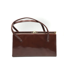 Load image into Gallery viewer, Vintage Elegant Twin Handled Rich Toffee Patent LeatherBag w/ Pristine Beige Suede Lining-Vintage Handbag, Kelly Bag-Brand Spanking Vintage