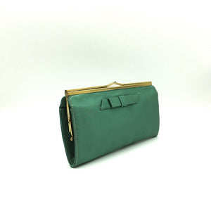 Vintage 50s Emerald Green Silk Satin Evening Bag w/ Dainty Bow Detail By Waldybag For Harrods-Vintage Handbag, Evening Bag-Brand Spanking Vintage