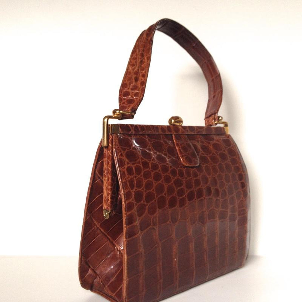 Vintage 40s/50s Glossy Toffee Crocodile Skin Handbag In Dainty