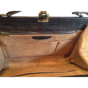 Vintage 50s Large Dark Chocolate Brown Lizard Skin Flagship Handbag From Mappin & Webb-Vintage Handbag, Exotic Skins-Brand Spanking Vintage