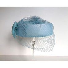 Load image into Gallery viewer, Vintage 50s Pale Blue Chiffon Classic Pill Box Hat w/ Rear Bow And Full Net Veil By Barnett Hand Made In Britain-Accessories, For Her-Brand Spanking Vintage