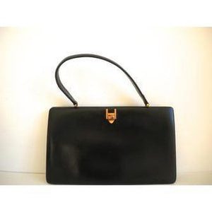 Vintage 50s Slim And Elegant Black Leather Classic Ladylike Bag Made In England By Riviera-Vintage Handbag, Large Handbag-Brand Spanking Vintage