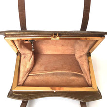 Load image into Gallery viewer, Vintage 50s/60s Handbag In Taupe/ Mushroom Glossy Patent Leather w/ Gilt Bow Detail And A Dainty Gilt Clasp By Widegate-Vintage Handbag, Kelly Bag-Brand Spanking Vintage