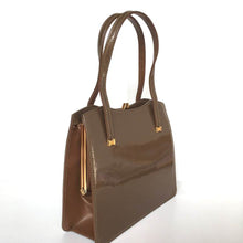 Load image into Gallery viewer, Vintage 50s/60s Handbag In Taupe/ Mushroom Glossy Patent Leather w/ Gilt Bow Detail And A Dainty Gilt Clasp By Widegate-Vintage Handbag, Kelly Bag-Brand Spanking Vintage