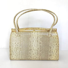 Load image into Gallery viewer, Vintage 50s/60s Leather Faux Snakeskin Handbag In Cream/Gold w/ Grey/Taupe Patent By Holmes of Norwich-Vintage Handbag, Kelly Bag-Brand Spanking Vintage